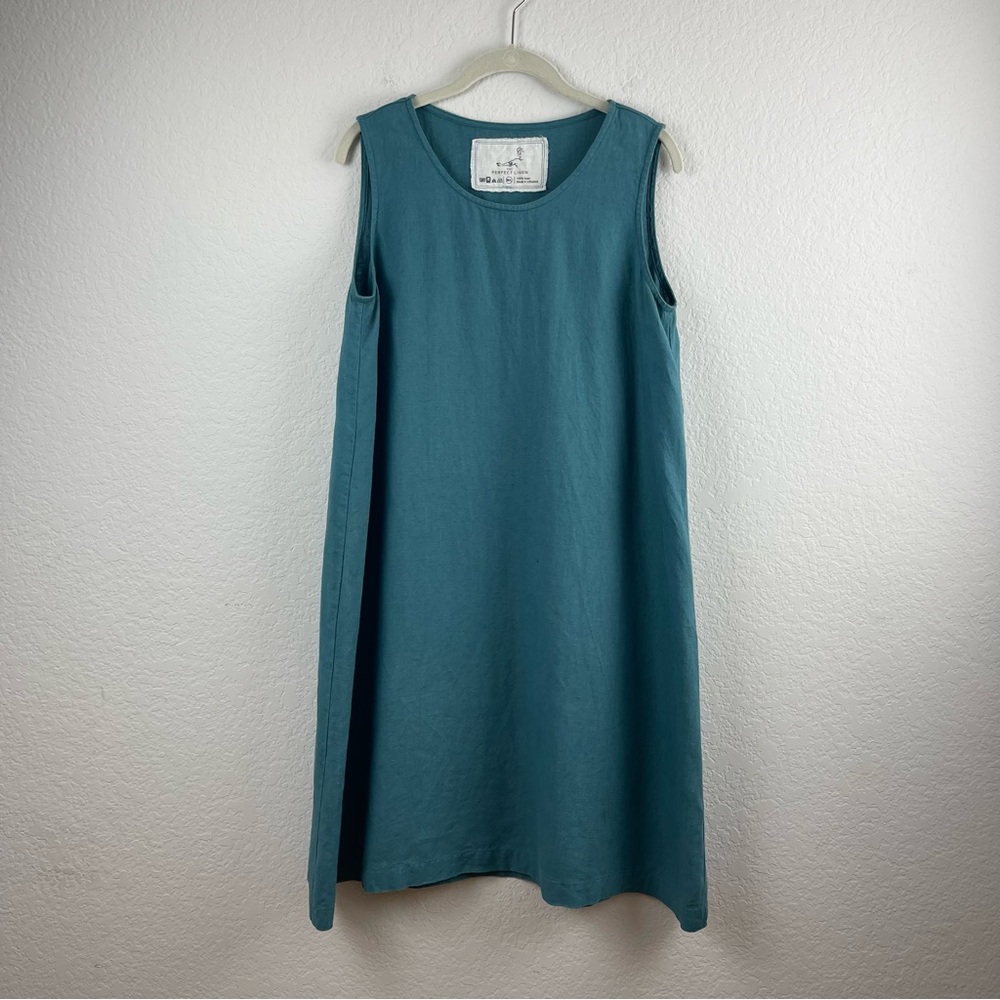 Not PERFECT LINEN Teal Sleeveless 100% Linen Lagenlook Midi Dress Sz M/L - Picture 3 of 7